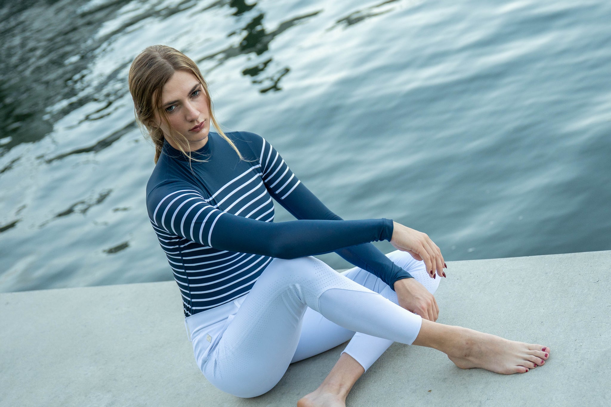 French Stripe Performance Mock Neck In Dark Navy/ White Stripe