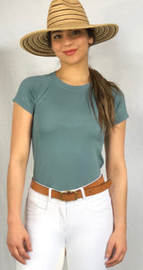 Seamless tee with beautiful stitch detail on the short sleeve, center back, and side seam placement, all ergonomically laid out to flatter the body.